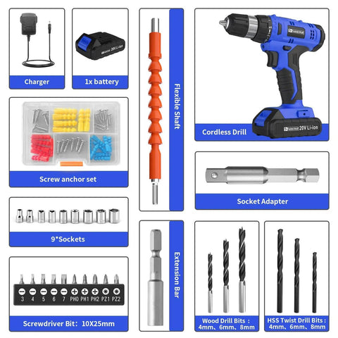 20V Cordless Drill Kit With Battery And Charger All In One Set 30 Nm Torque 21 Plus 1 Clutch Three Eighths Inch Keyless Chuck