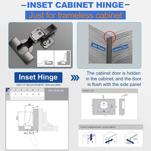 Soft Close Cabinet Hinges 2 Pack For Frameless Inset Cabinets With 110 Degree Opening No Slam 4D Adjustment diagram and features
