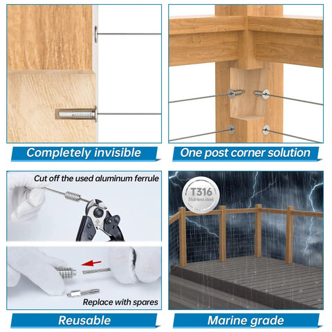 Invisible Cable Railing Kit Eighth Inch For Four To Eight Inch Wood Posts Deck And Stairs Stainless Steel T316 details