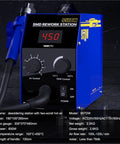 Close-up view of the 600W SMD SMT Hot Air Rework Station for phone motherboard and PCB welding, showing temperature control.