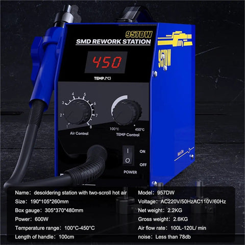 Close-up view of the 600W SMD SMT Hot Air Rework Station for phone motherboard and PCB welding, showing temperature control.