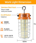 110W LED Work Light With 16500 Lumens And 5000K Daylight, IP67 Waterproof Beefy Portable Construction Light With Stainless Steel Guard and Hook, dimensions labeled.