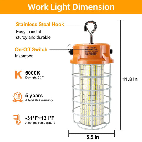 110W LED Work Light With 16500 Lumens And 5000K Daylight, IP67 Waterproof Beefy Portable Construction Light With Stainless Steel Guard and Hook, dimensions labeled.