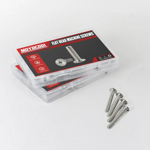 50 Pack M4 X 10mm Flat Round Head Screws 304 Stainless Steel Phillips Drive Machine Fasteners in storage box.