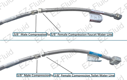 Three Eighths Inch Male To Three Eighths Inch Female Compression Stainless Steel Braided Faucet Extension Line 12 Inch
