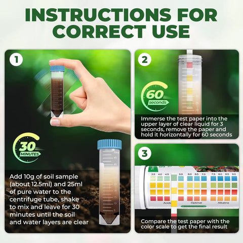 Instructions for using Soil PH Test Kit With Upgraded 125 Strips And Measuring Cylinders, showing testing process.