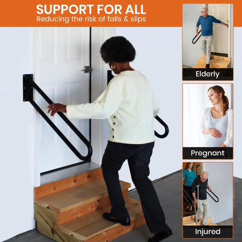Woman using Heavy Duty Wall Mount Handrail for Stairs and Decks, Black Steel 18 Inch Rail with Weatherproof Non Slip Finish