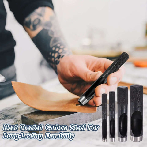 Hand using Leather Hole Punch 25mm Hollow Round Puncher Cutter Carbon Steel Pro Grade Tool on leather sheet