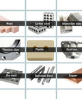 Grid showing wood, carbon steel, aluminum alloy, titanium alloy, plastic, cast iron, die steel, stainless steel, and copper materials.