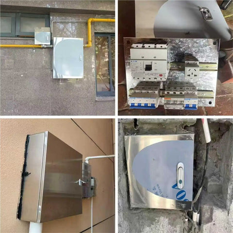 Stainless Steel Electrical Cabinet Box Enclosure for Wall Mount Heavy Duty Junction Chest for Utility and Pump Systems 14 by 12 by 8 Inches 1.2mm Thick Weather Resistant Project Box installed with breakers
