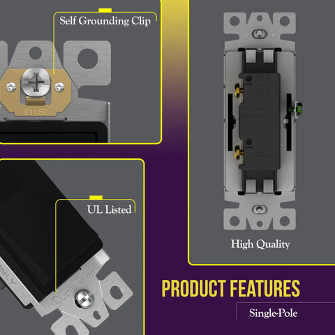 Product features of Slick Gloss Finish Decorator Paddle Rocker Light Switch for Easy Install, Single Pole 3 Wire, with grounding clip and UL Listed badge.