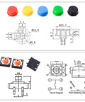 80 Piece Tactile Push Button Switch Kit With 4 Pin Momentary SMD PCB Tact Switches And 5 Color Button Caps diagrams and components