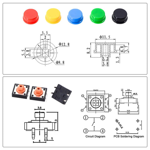 80 Piece Tactile Push Button Switch Kit With 4 Pin Momentary SMD PCB Tact Switches And 5 Color Button Caps diagrams and components