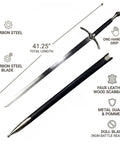 41.25 Inch One Hand Medieval Sword With Dull Carbon Steel Blade, Faux Leather Wrapped Wood Scabbard, Non Battle Ready