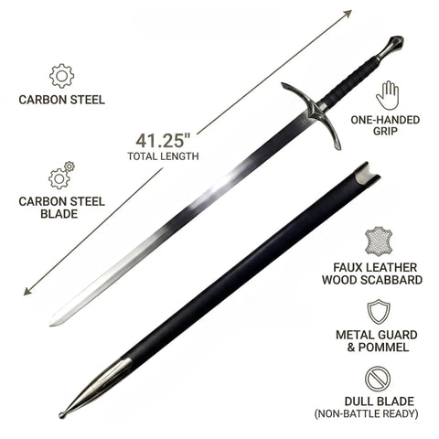 41.25 Inch One Hand Medieval Sword With Dull Carbon Steel Blade, Faux Leather Wrapped Wood Scabbard, Non Battle Ready