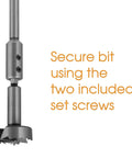 Forstner Bit Extension Delivers Rock Solid Extra Reach For Knocking Out Deep Flat Bottom Holes And Crushing Massive Woodturning Projects With Heavy Duty Zero Wobble Build Perfect For Half Inch Shanks showing secure bit with set screws.