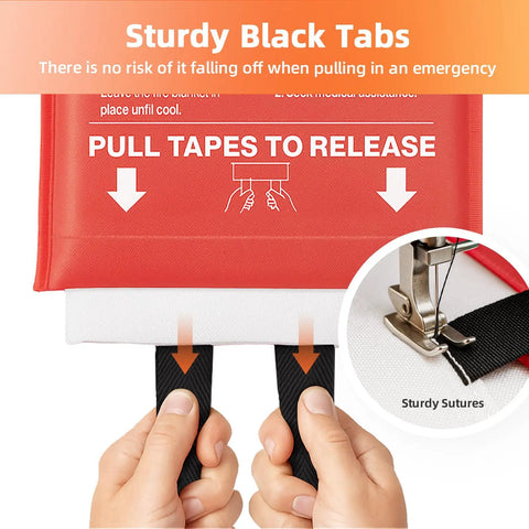 Hands pulling black tabs on 4 Pack 40 By 40 Inch Fire Blankets Fiberglass CE Certified Emergency Fire Suppression pouch.