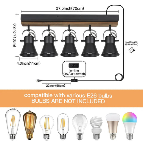 Five Light Plug In Track Lighting Kit In Black With Rotatable Heads For Living Room Bedroom Hallway And Kitchen dimensions and E26 bulb compatibility