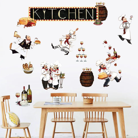 Chef Kitchen Wall Decals Set With Wine And Food Quotes on dining room wall with chefs and wine bottles decor