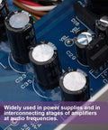 Close-up of electrolytic capacitors on circuit board, part of All In One Pro Grade 240Pcs 24 Kinds Electrolytic Capacitors Kit.