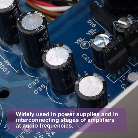Close-up of electrolytic capacitors on circuit board, part of All In One Pro Grade 240Pcs 24 Kinds Electrolytic Capacitors Kit.