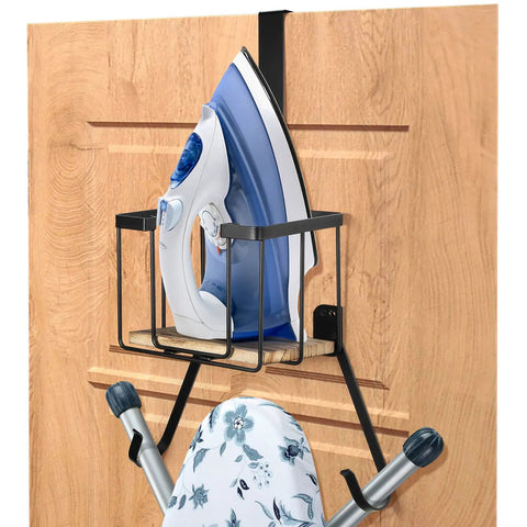 Wall Mount And Over The Door Ironing Board Holder With Large Storage Basket for Laundry Room on wooden door with iron and board.