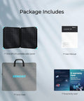 Package contents showing 120W foldable solar panel, user manual, carry case, e-warranty card for camping and RV use.