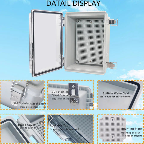 LuSumtly waterproof ABS junction box, front view, with stainless steel latch and hinged cover, mounting plate