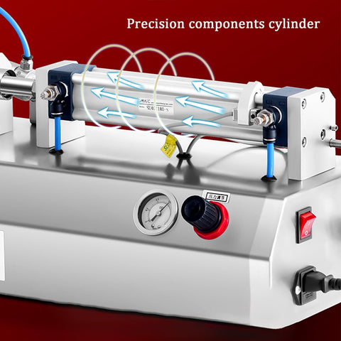 Close-up of Zero Fuss Heavy Duty Pneumatic Paste And Liquid Filling Machine With 40 Liter Hopper Zero Drip Valve showing precision cylinder.