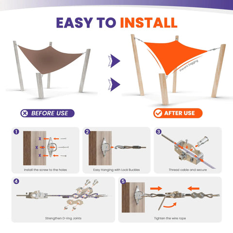 Shade Sail Hardware Kit With 24 Foot Stainless Steel Wire For Rectangle Sun Shade Installation, Rugged 304 Stainless Rigging For Outdoor Patio Canopies, Easy Mount, Weather Resistant, Secure Support, No Fuss, Long Lasting. installation steps diagram