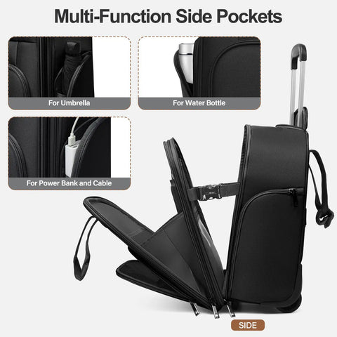 16 Inch Underseat Carry On Luggage With Wheels Softside Lightweight And Compact Travel Bag For Pilots And Crew, 28L Capacity, side view with open multi-function pockets