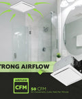 Ultra Quiet Ceiling Bathroom Exhaust Fan 50 CFM White Mount, 1 Sone, Low Power Ventilation with strong airflow display in bathroom