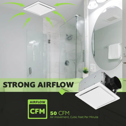 Ultra Quiet Ceiling Bathroom Exhaust Fan 50 CFM White Mount, 1 Sone, Low Power Ventilation with strong airflow display in bathroom