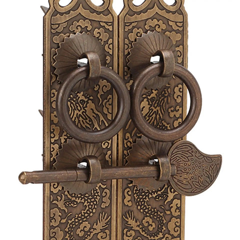 Brass Cabinet Faceplate With Lucky Pattern And Vertical Straight Handle Dope Vintage Oriental Door Pull Plate