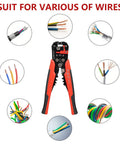 Self Adjusting 3 In 1 Wire Stripper Crimper And Cutter For 10 To 24 AWG Automatic Universal Stripping Tool shown with wire types.