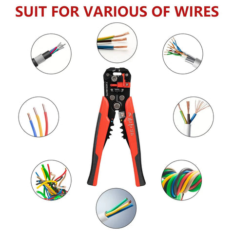 Self Adjusting 3 In 1 Wire Stripper Crimper And Cutter For 10 To 24 AWG Automatic Universal Stripping Tool shown with wire types.
