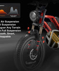 Front view of Beast 1500W Fat Tire Electric Bike For Adults With 48V 18Ah Removable Battery 20 Inch MTB Ebike in orange red.