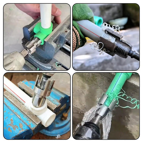 Heavy Duty PVC Pipe Threader Kit With Tapping Tool For 1/2, 3/4 And 1 Inch Pipes in action, cutting threads on plastic pipe.