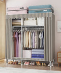 Kickass Portable Canvas Wardrobe Rad Shelves Boss Hanging Rail Storage Organizer Bedroom Dorm Office Tool Free Assembly No Sweat Setup In Minutes 130By45By170Cm with clothes, shoes, and storage boxes.