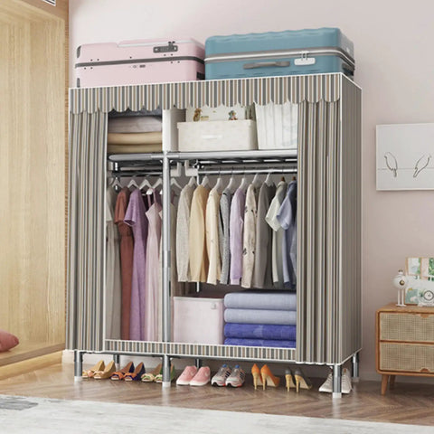 Kickass Portable Canvas Wardrobe Rad Shelves Boss Hanging Rail Storage Organizer Bedroom Dorm Office Tool Free Assembly No Sweat Setup In Minutes 130By45By170Cm with clothes, shoes, and storage boxes.