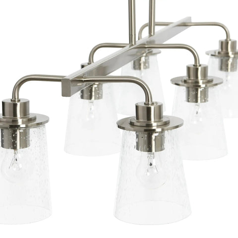 Six Light Industrial Linear Chandelier With Seedy Glass Diffusers In Brushed Nickel Finish, Edison Bulbs Recommended, angle view