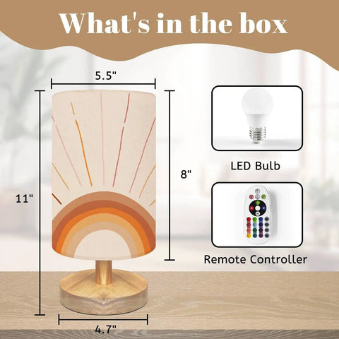 Minimalist Boho Bedside Lamp With Rainbow Sun Rays, includes LED bulb and remote controller, solid wood base, flaxen shade.