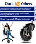Comparison of rubber chair casters with smooth, silent rolling for hardwood floors against others; woman on chair demonstrating ease of use.