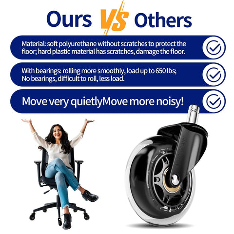 Comparison of rubber chair casters with smooth, silent rolling for hardwood floors against others; woman on chair demonstrating ease of use.