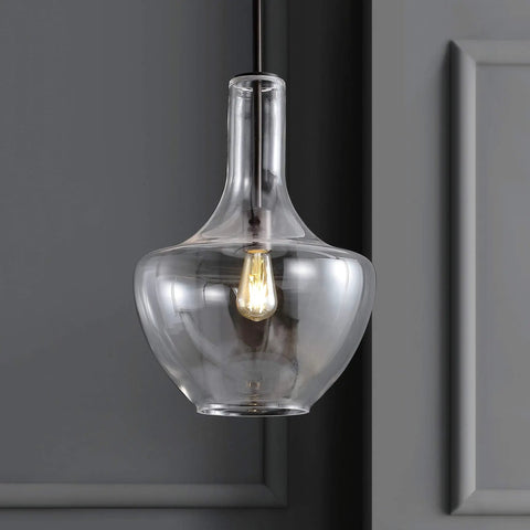 Oil Rubbed Bronze 13.25 Inch Mid Century Modern One Light LED Pendant Light Fixture With Clear Glass Shade, close-up view