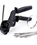 No-Sweat Stainless Steel Cable Tie Gun, Slick Plier Action Zip Tie Tool with metal fasteners and adjustable handles.
