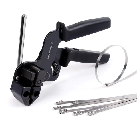 No-Sweat Stainless Steel Cable Tie Gun, Slick Plier Action Zip Tie Tool with metal fasteners and adjustable handles.