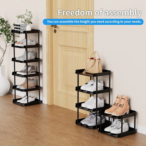 Slim 6 Tier Vertical Narrow Shoe Rack Stackable Tall Skinny Organizer For Tight Spaces, black racks by door with shoes.