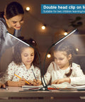 Children studying under Dual Head LED Desk Lamp With Clamp, Eye Care Three Color Modes, Five Level Dimming, Clip On Light.
