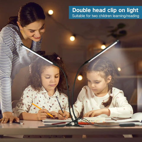 Children studying under Dual Head LED Desk Lamp With Clamp, Eye Care Three Color Modes, Five Level Dimming, Clip On Light.